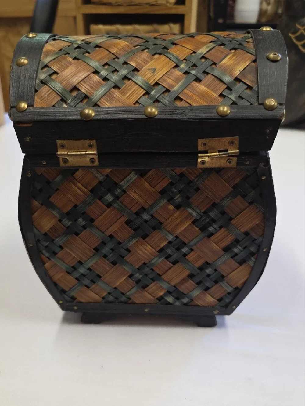 Vintage Woven Wicker, Brass,  and Wood Hinged chest